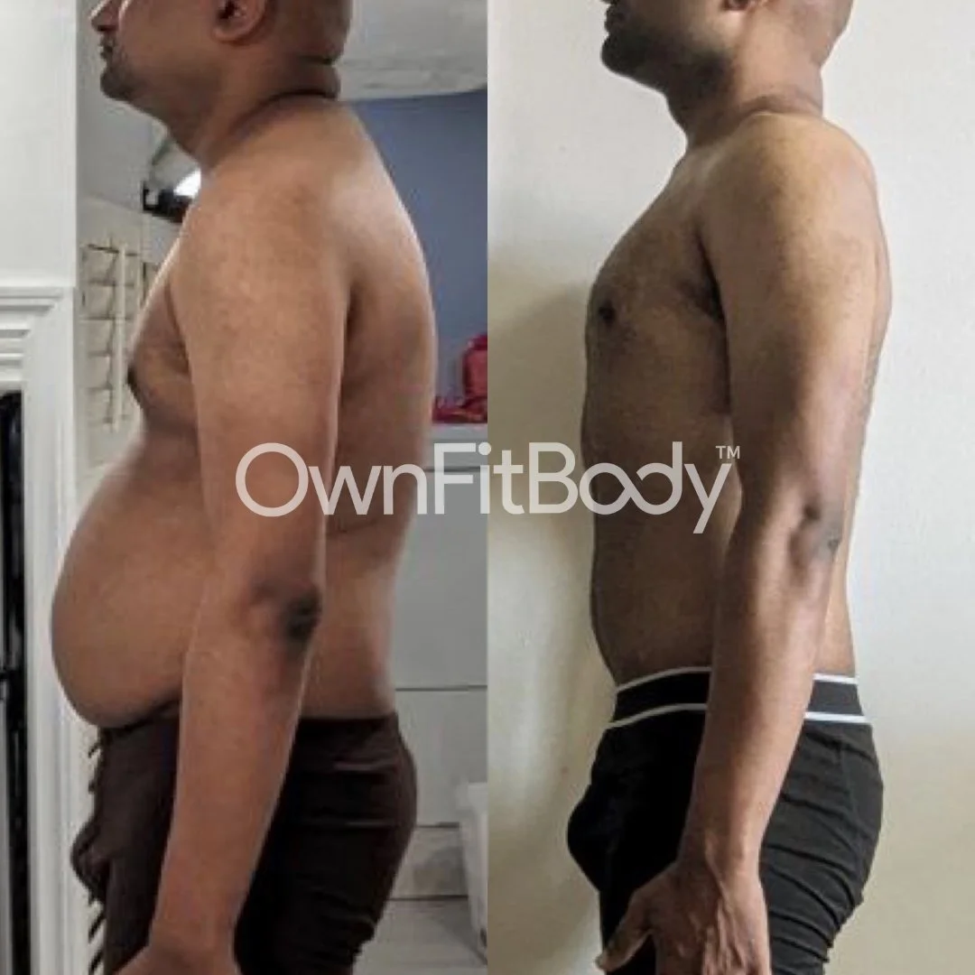 Side-by-side comparison of a shirtless man before and after weight loss, showing reduced body fat and a more toned physique.
