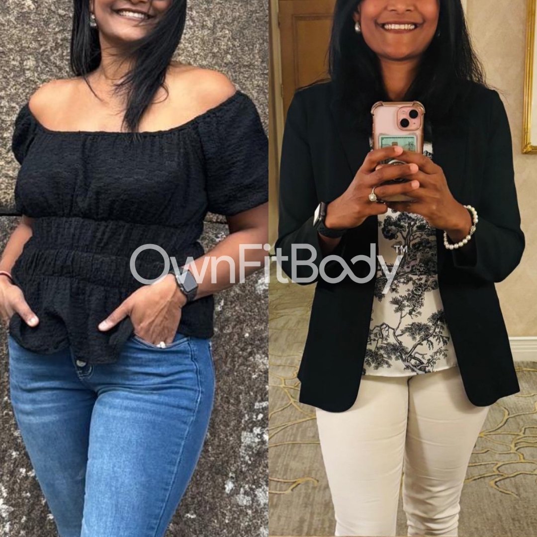 Comparison photo showing a woman before and after weight loss, smiling in both photos, with different outfits and backgrounds.