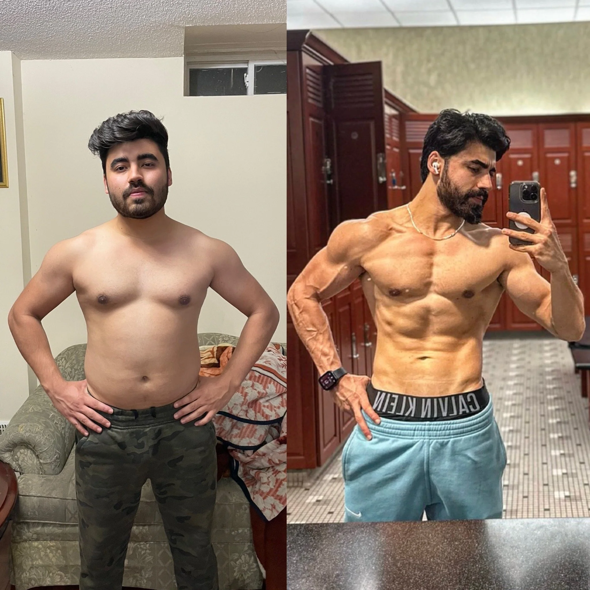 Two shirtless men taking mirror selfies; the man on the left wearing camouflage pants, standing in a room with a beige couch and cream-colored walls, and the man on the right wearing Calvin Klein underwear and teal shorts, in a locker room with wooden lockers and tiled floors.
