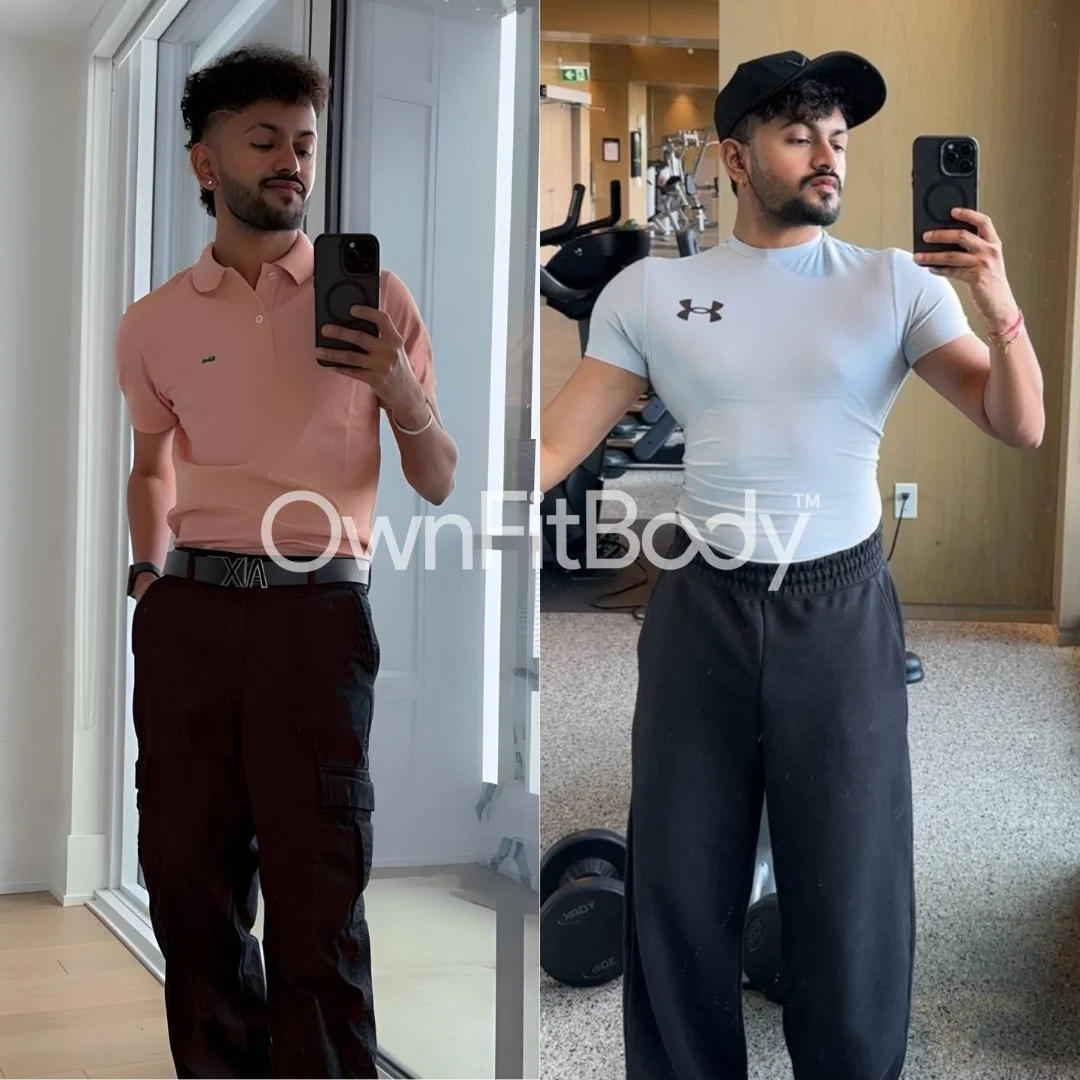 Side-by-side mirror selfies of a man in fitness and casual wear. On the left, he wears a pink polo shirt and black cargo pants, standing in front of a door. On the right, he wears a tight white Under Armour t-shirt, black sweatpants, and a black cap, inside a gym with workout equipment in the background.