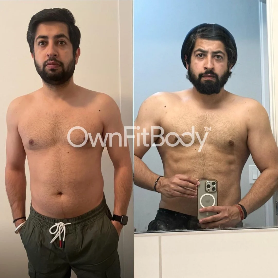 Side-by-side comparison of a shirtless man before and after body transformation, standing in front of a mirror and a plain wall, holding a phone in the after photo.
