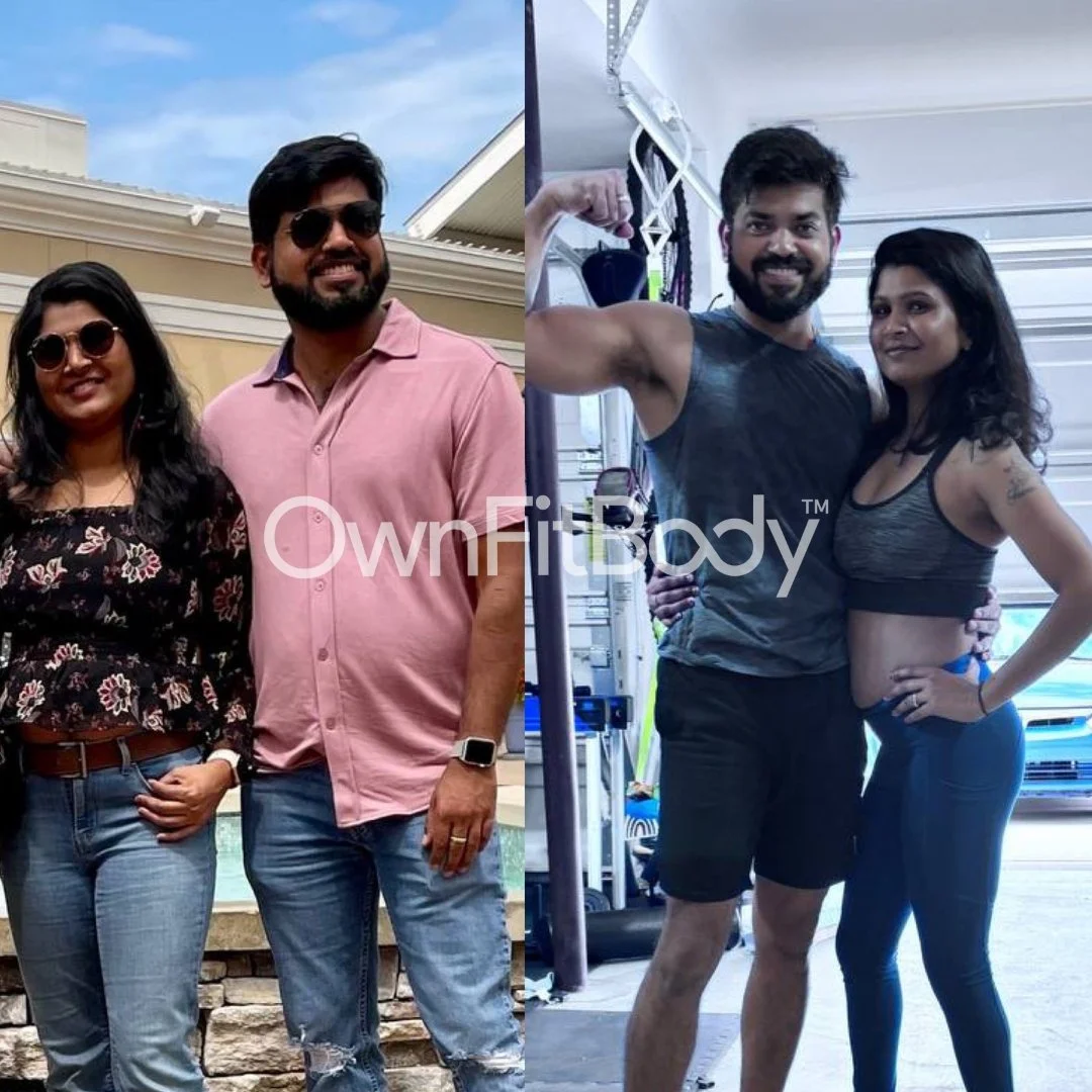 Side-by-side photos of a man and woman, both depicting fitness progress. In the first photo, they are dressed casually outdoors, smiling, with the man wearing sunglasses and a pink shirt, and the woman in a floral top. In the second photo, both are indoors at a gym, with the man showing off his muscular arm and the woman in workout attire, striking a confident pose.