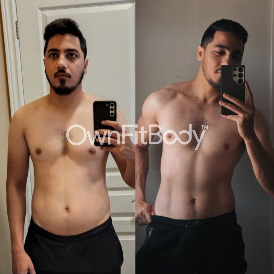 Side-by-side before and after photos of a shirtless man showing weight loss and muscle tone, taking mirror selfies.