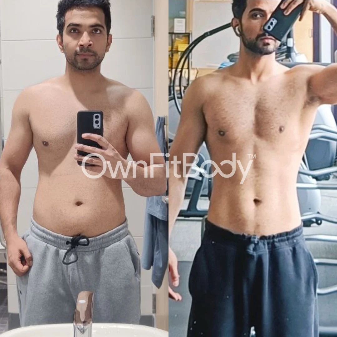 Side-by-side comparison of a man taking a shirtless selfie in a bathroom mirror and at the gym, showing fitness progress over time.