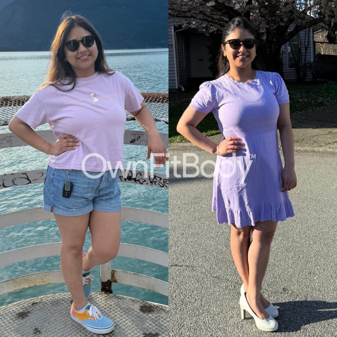 Side-by-side comparison of a woman before and after weight loss, smiling with sunglasses in both photos, wearing a light purple shirt and white shoes in the after photo, outdoors with a lake background in the first image and a tree and house in the second.
