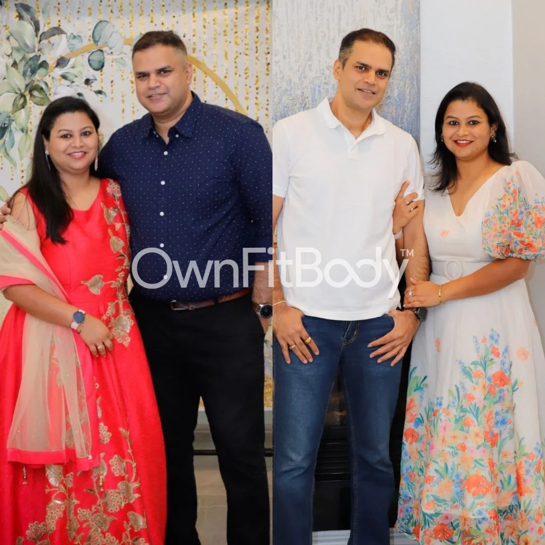 A collage of two photos showing couples smiling and standing close together indoors. The left couple is dressed in traditional South Asian attire, with the woman in a red dress with gold embroidery and the man in a dark blue shirt. The right couple is dressed casually in white tops and jeans, with the woman in a floral dress and the man in a white polo shirt.
