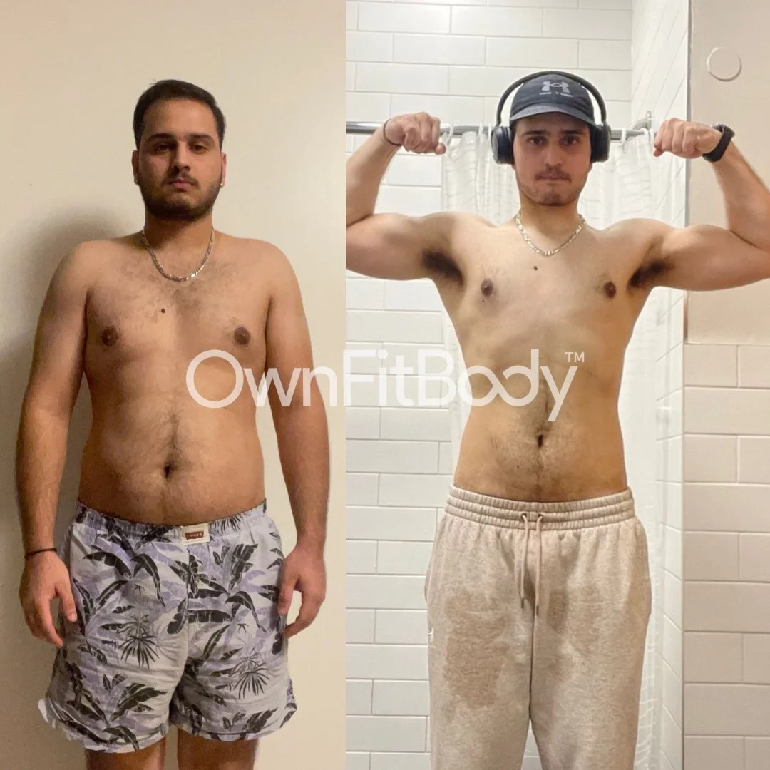 Side-by-side comparison of a shirtless man before and after fitness transformation; first image shows him with a less muscular build and second image shows him flexing, with more muscle definition and a leaner physique.