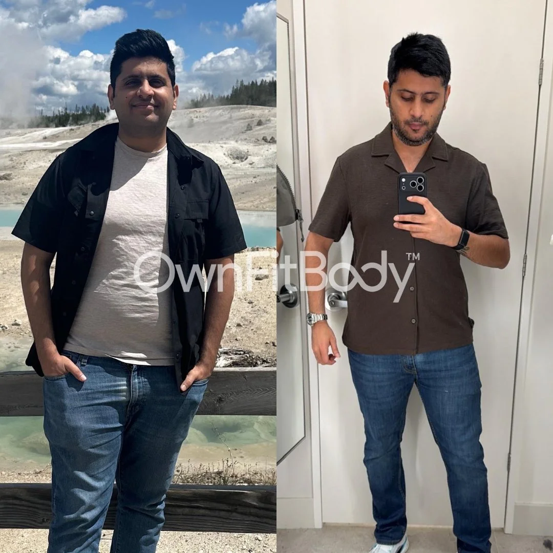 Side-by-side comparison of a man before and after weight loss. In the left photo, he is outdoors, smiling, wearing a black shirt over a white t-shirt, with a background of geothermal area and cloudy sky. In the right photo, he is indoors, taking a mirror selfie, wearing a dark brown shirt and jeans, with a plain light-colored wall in the background.