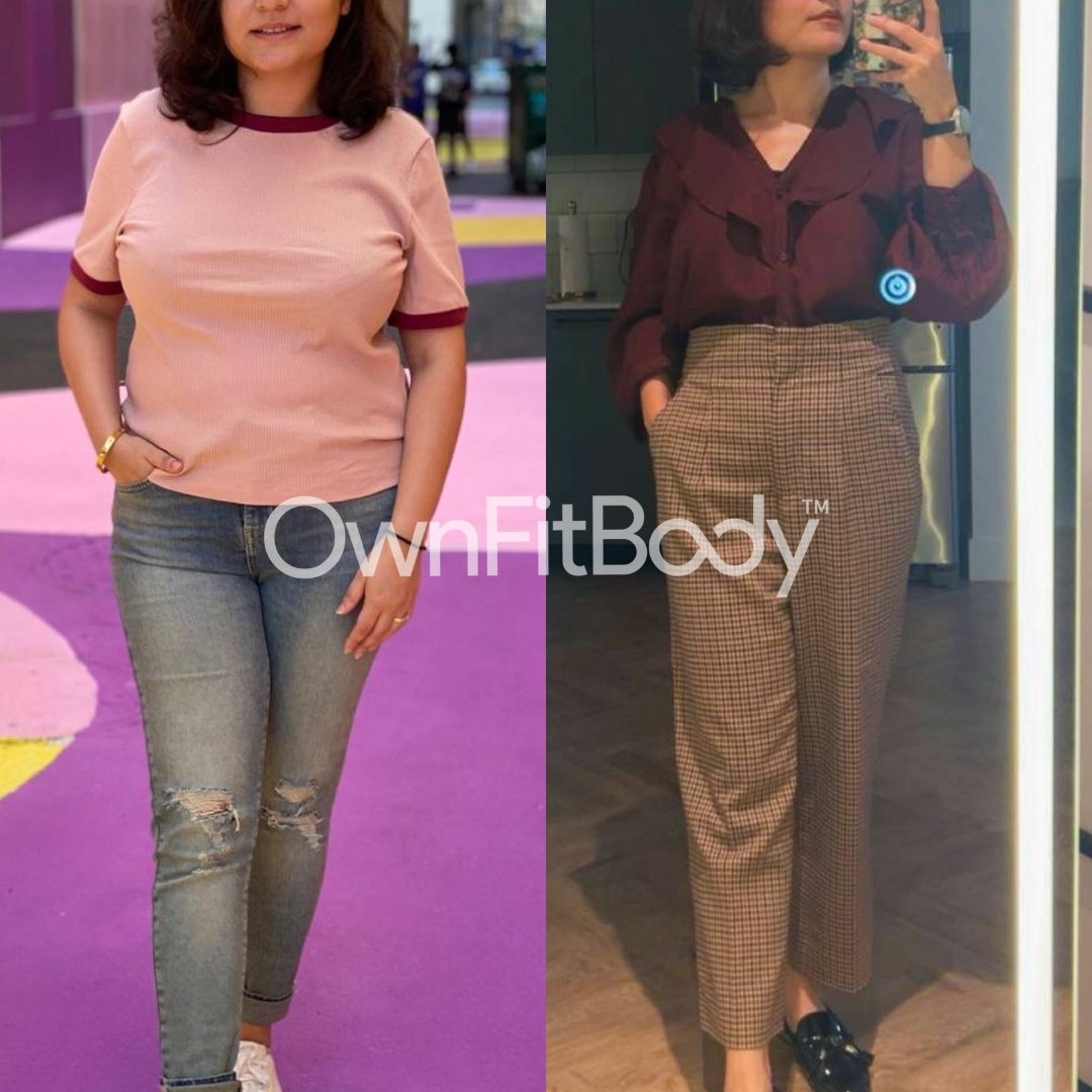 Side-by-side comparison of a woman before and after a body transformation. On the left, she is wearing a pink T-shirt with maroon trim and ripped jeans. On the right, she is dressed in a burgundy blouse and checkered brown pants, taking a mirror selfie.