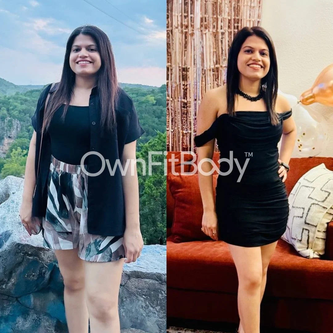 Side-by-side comparison of a woman before and after weight loss, wearing different outfits in outdoor and indoor settings.