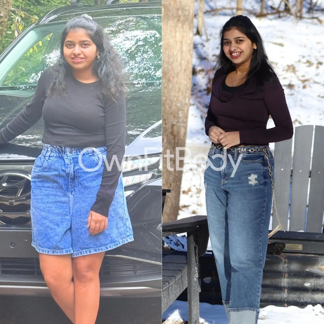Side-by-side photos of a young woman with long dark hair, wearing a black top and blue jeans, smiling outdoors. The left photo shows her in front of a black car with lush greenery; the right photo shows her in a snowy landscape with trees and a wooden fence.