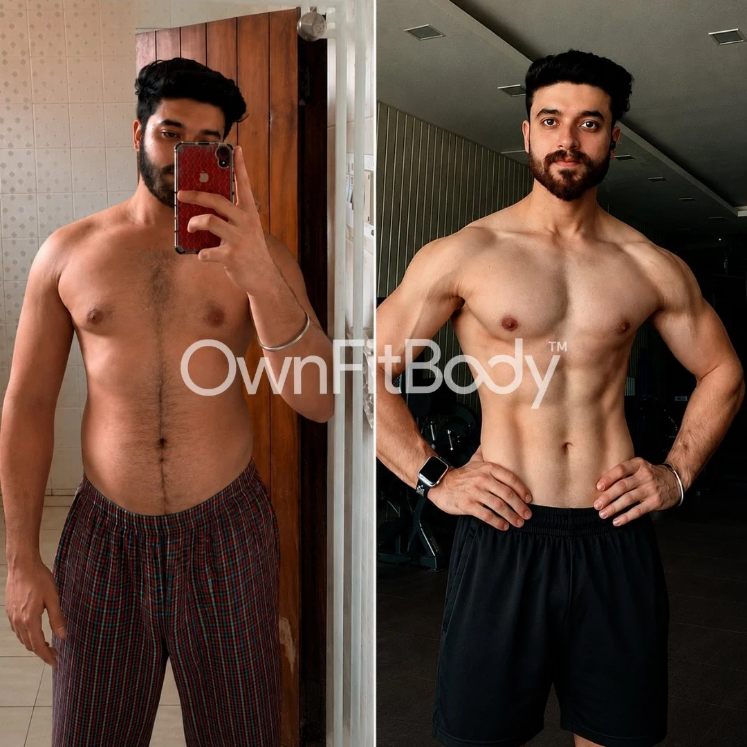 Side-by-side comparison photo of a man before and after his fitness transformation, showing increased muscle definition, reduced body fat, and a more toned physique.