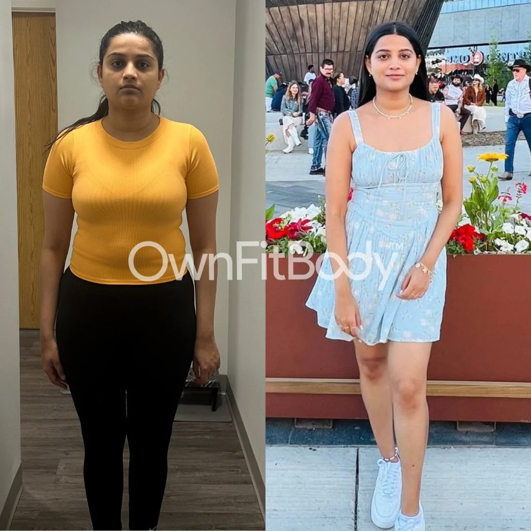 Side-by-side comparison of a woman before and after weight loss. On the left, the woman is wearing a yellow top and black pants, standing indoors with a neutral expression. On the right, she is wearing a light blue dress, standing outdoors with a crowd and flowers in the background, smiling.