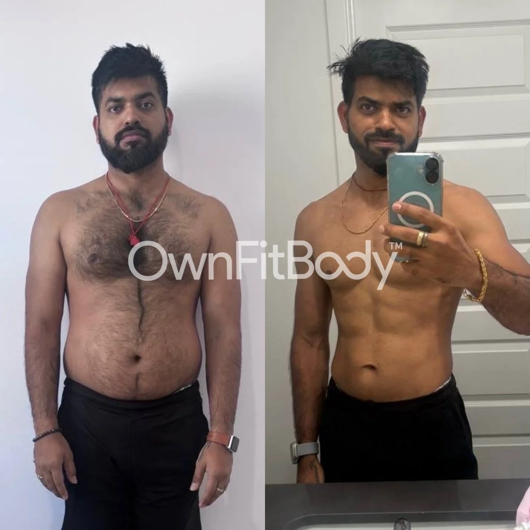 Side-by-side comparison of a shirtless man before and after fitness transformation, showing weight loss and muscle definition improvement.