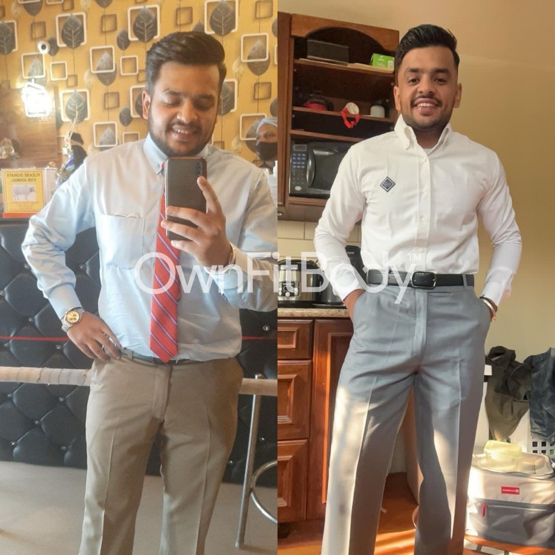 A side-by-side comparison of a man in two different outfits and settings. In the left image, he is wearing a light blue shirt with a red striped tie and khaki pants, taking a mirror selfie in a restaurant or cafe. In the right image, he is wearing a white dress shirt with grey pants, standing in a kitchen with wooden cabinets and appliances, smiling with his hands in his pockets.