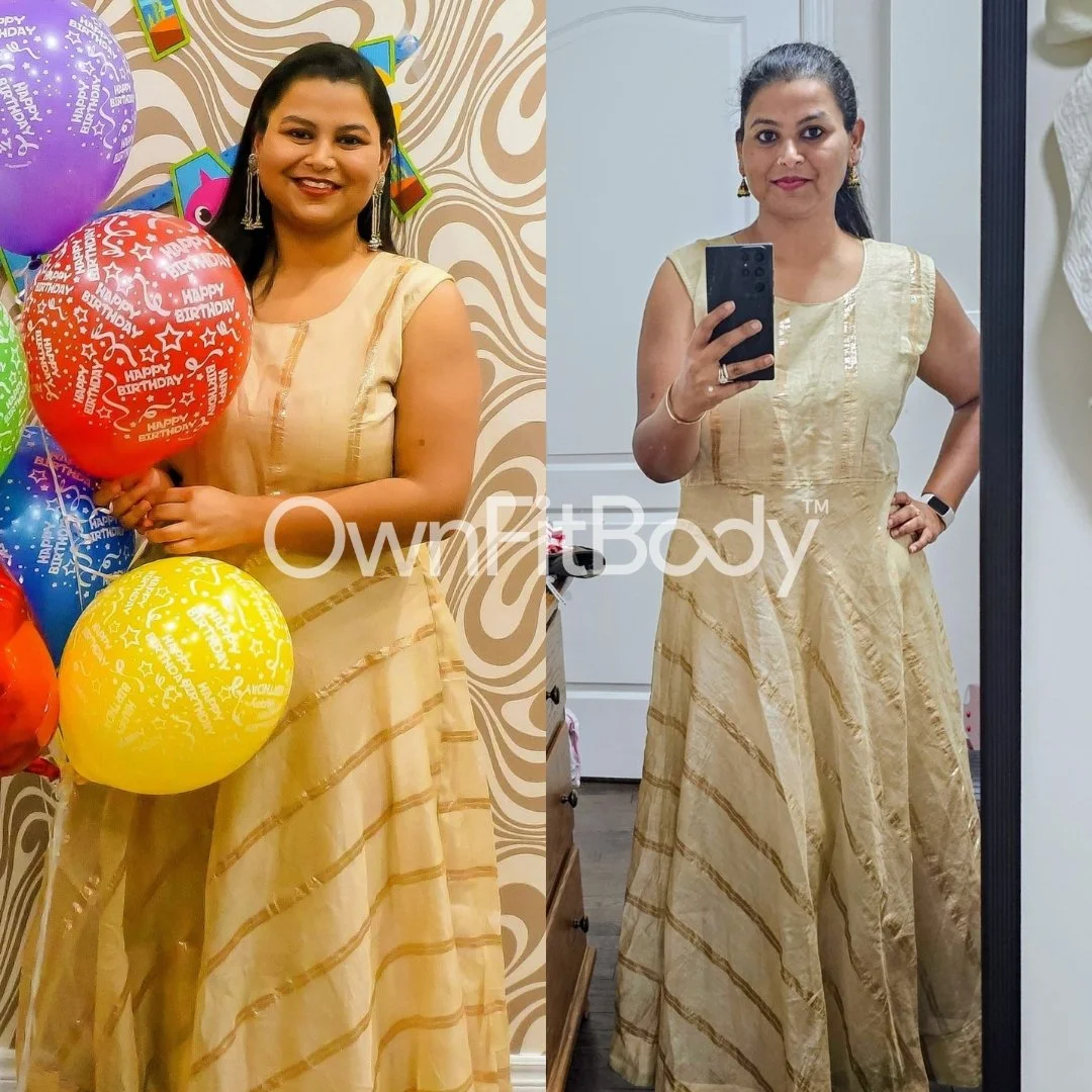 A woman in a gold dress taking a mirror selfie, showing her before and after weight loss, with balloons and a decorative background in the first image, and a plain room in the second.