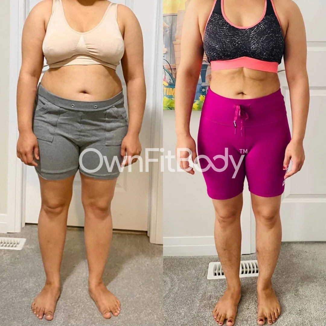 Before and after photo of a woman, showing her physical transformation, standing barefoot in a room with a white door behind her. She is wearing a beige sports bra and gray shorts in the 'before' image, and a black sports bra with pink trim and magenta shorts in the 'after' image.