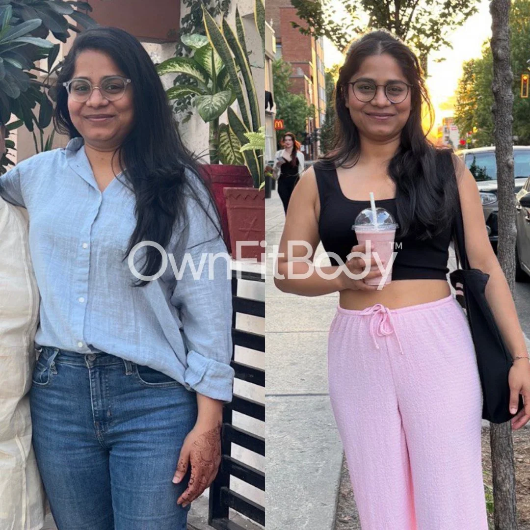 Side-by-side image showing a woman before and after weight loss. In the left photo, she is wearing a light blue button-up shirt and jeans, standing outdoors. In the right photo, she is wearing a black crop top and pink pants, holding a smoothie, and standing on a city sidewalk with trees and cars in the background.