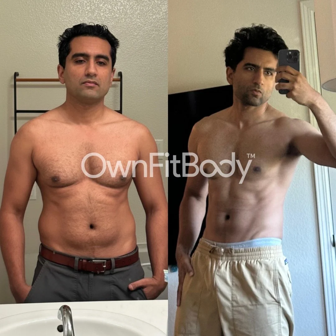 Side-by-side comparison of a man before and after body transformation, showing weight loss and muscle definition.