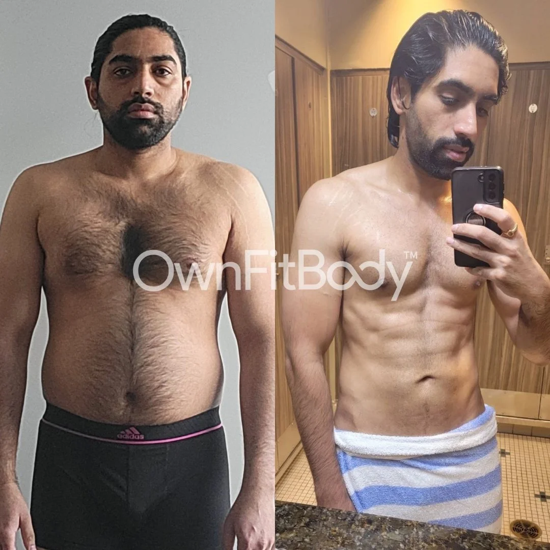 Before and after photos of a man showing his weight loss and muscle definition progress.