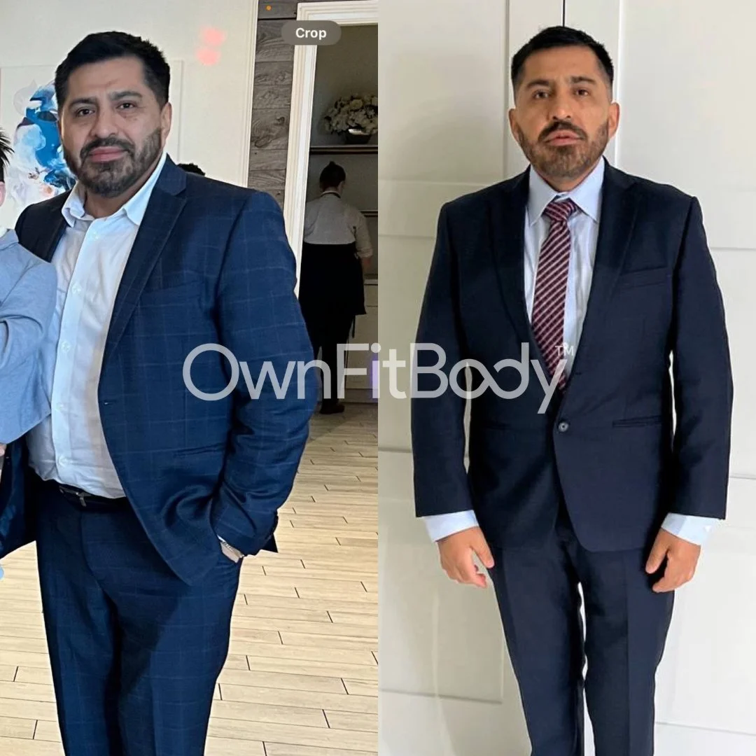 A man dressed in formal business attire, wearing a navy blue checked suit with a white shirt, standing indoors with his right hand in his pocket. His appearance looks similar in both images, likely before and after a fitness transformation.