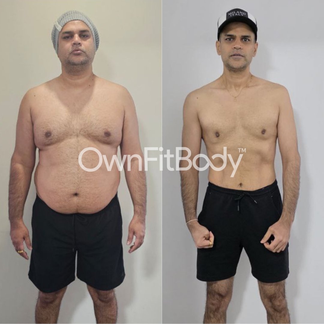 Side-by-side photos of a man before and after weight loss, shirtless, showing significant body transformation with less body fat and more muscle definition.