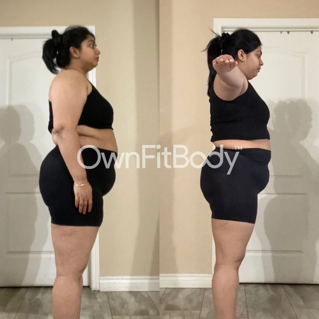 Side-by-side comparison of a woman before and after weight loss, standing in front of a white door, wearing a black tank top and black shorts.