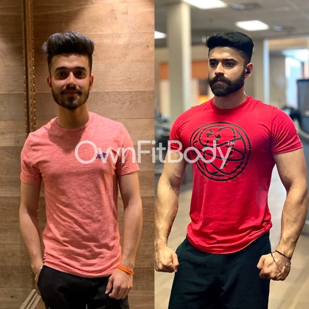 Side-by-side comparison of a young man with a full beard and styled dark hair. The left photo shows him with a lighter skin tone, wearing a pink T-shirt, standing in front of a wooden background. The right photo shows him with a slightly tanned skin tone, wearing a red graphic T-shirt, in a gym setting with gym equipment visible in the background.