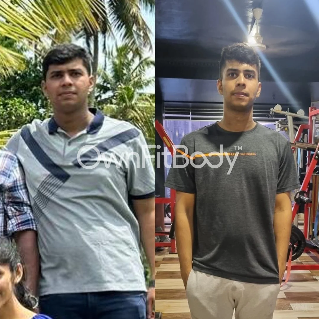 Side-by-side comparison of a young man in an outdoor setting with green trees and plants, wearing a striped white and blue t-shirt, and in an indoor gym with fitness equipment, wearing a dark grey t-shirt and light-colored shorts.
