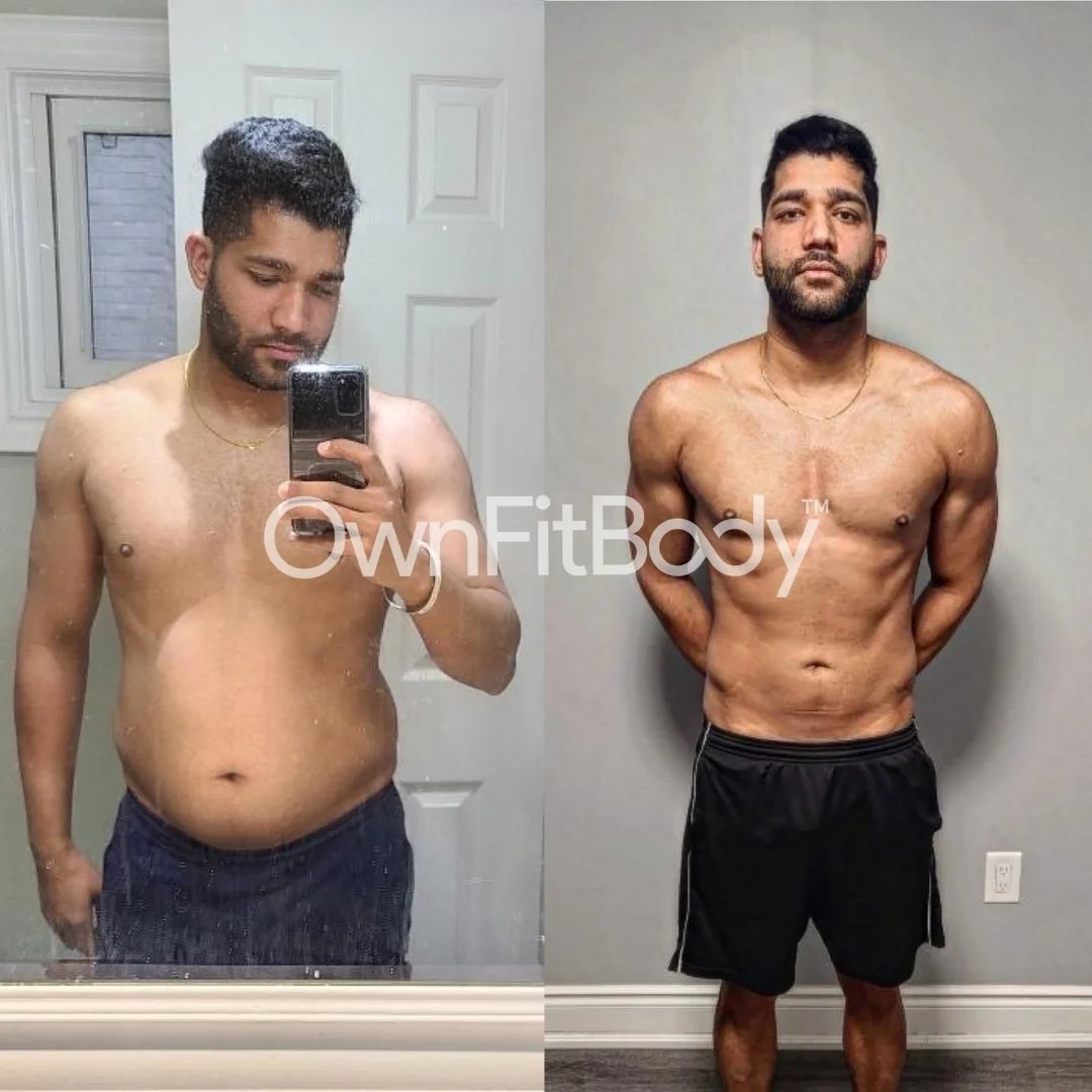 Side-by-side before and after photos of a shirtless man showing weight loss and muscle gain transformation.