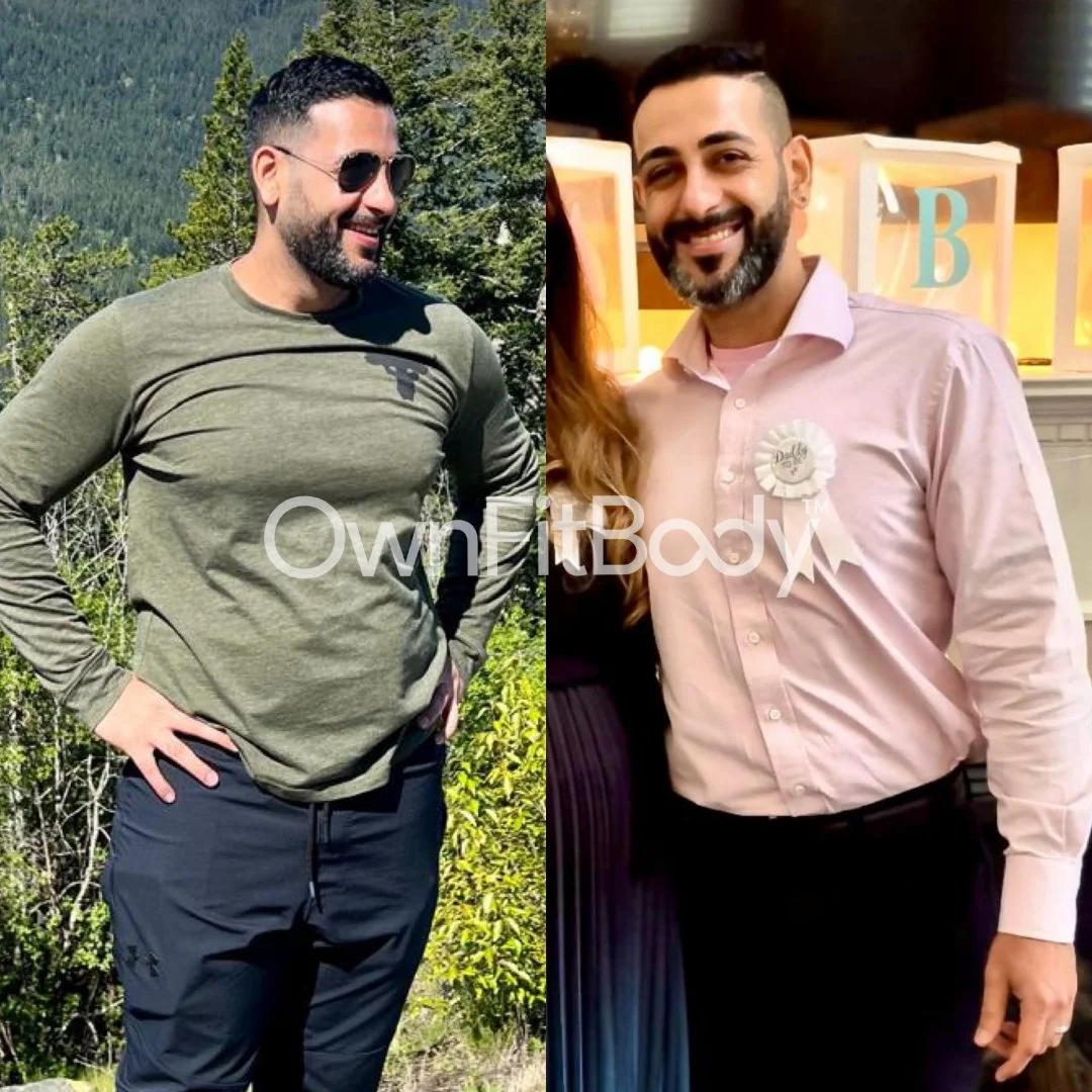 Side-by-side images of two men. The man on the left is outdoors, wearing sunglasses, a green long-sleeve shirt, and black pants, with a backdrop of trees and mountains. The man on the right is indoors, wearing a light pink dress shirt, smiling, with decorations and lights in the background.