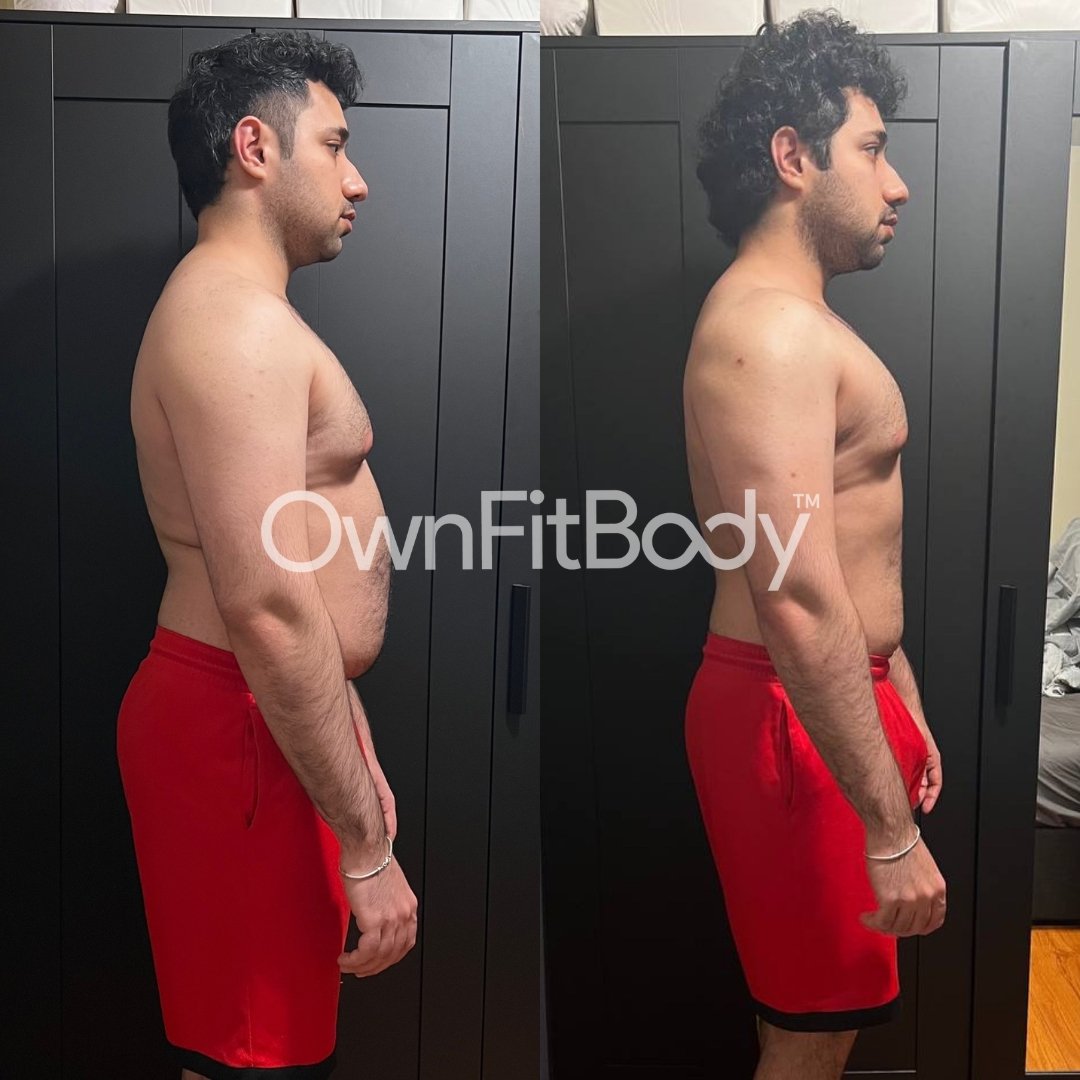 Side-by-side before and after photos of a man showing body transformation, with the 'OwnFitBody' logo across the images. The man is shirtless, wearing red shorts, and standing against a black cabinet.