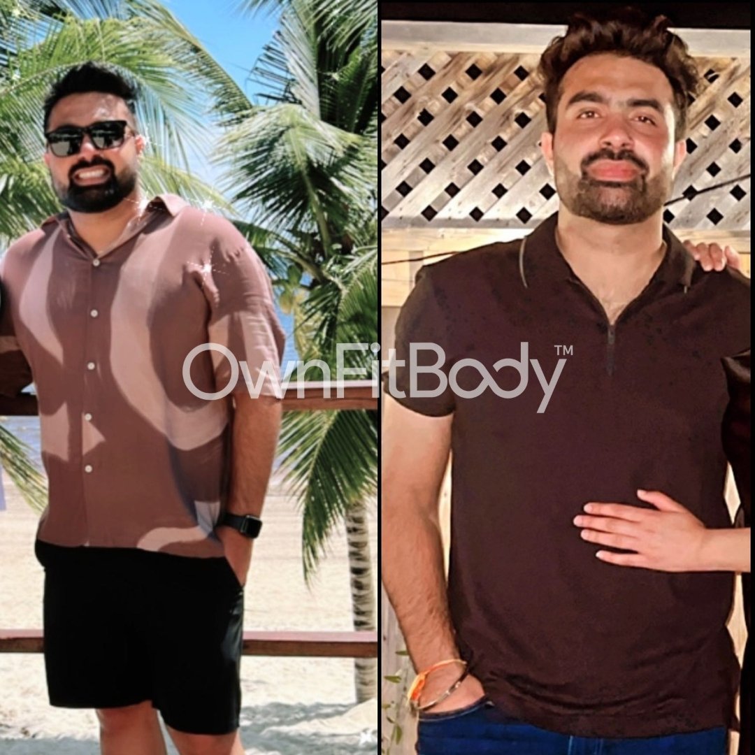 Side-by-side photos of a man with a beard, brown hair, wearing a brown shirt in both pictures. In the left photo, he is outdoors at a beach with palm trees, wearing sunglasses and smiling. In the right photo, he is indoors, standing against a wooden wall, with his hand on his stomach, and a slight smile.