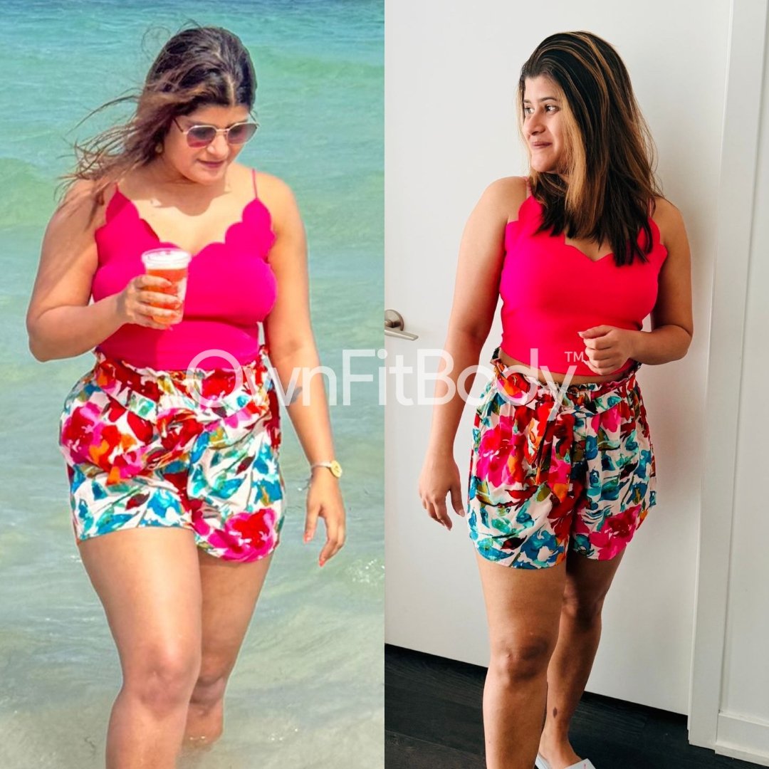 Side-by-side comparison of a woman before and after weight loss. In the left image, she is at the beach wearing sunglasses, a pink top, and floral shorts, holding a drink. In the right image, she is indoors, wearing the same pink top and shorts, with a slimmer physique and no sunglasses.