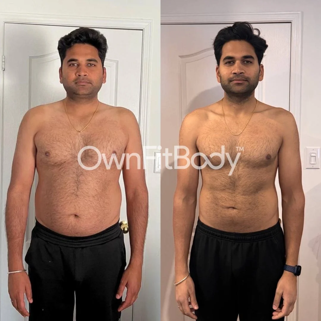 Side-by-side comparison of a shirtless man before and after fitness transformation, standing in front of a white door, showing weight loss and muscle toning.