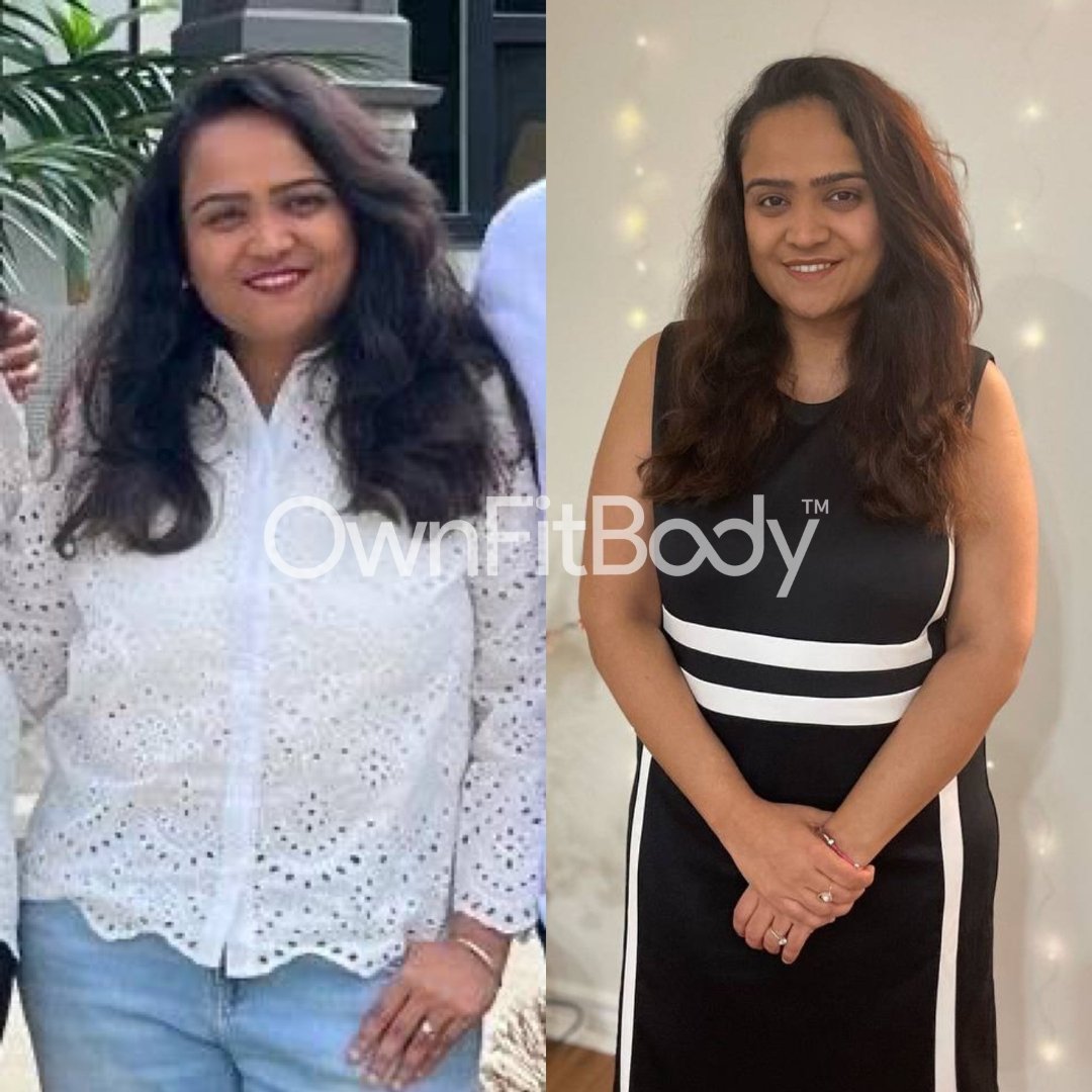 Side-by-side photos of a woman before and after weight transformation. In the before photo, she is wearing a white eyelet blouse and jeans, smiling outdoors. In the after photo, she is in a black and white striped sleeveless dress, smiling indoors with a neutral background.