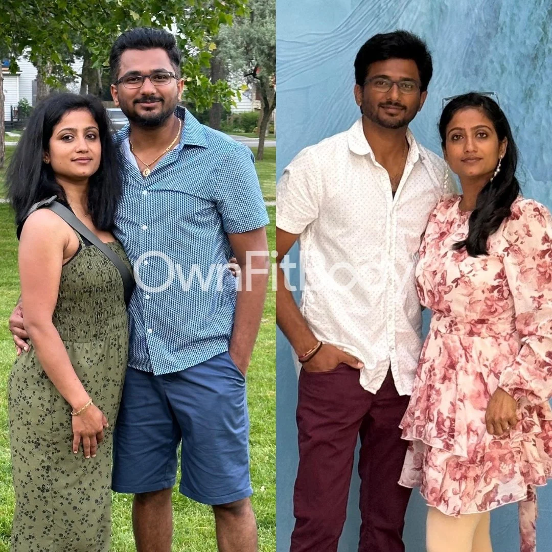 A pair of side-by-side photos showing a man and a woman. In the left photo, they are outdoors in a green park with trees and houses, dressed casually; the woman in a green floral dress and the man in a blue patterned shirt and shorts. In the right photo, they are indoors against a blue background, dressed more formally; the woman in a pink floral dress and the man in a white shirt and maroon pants.