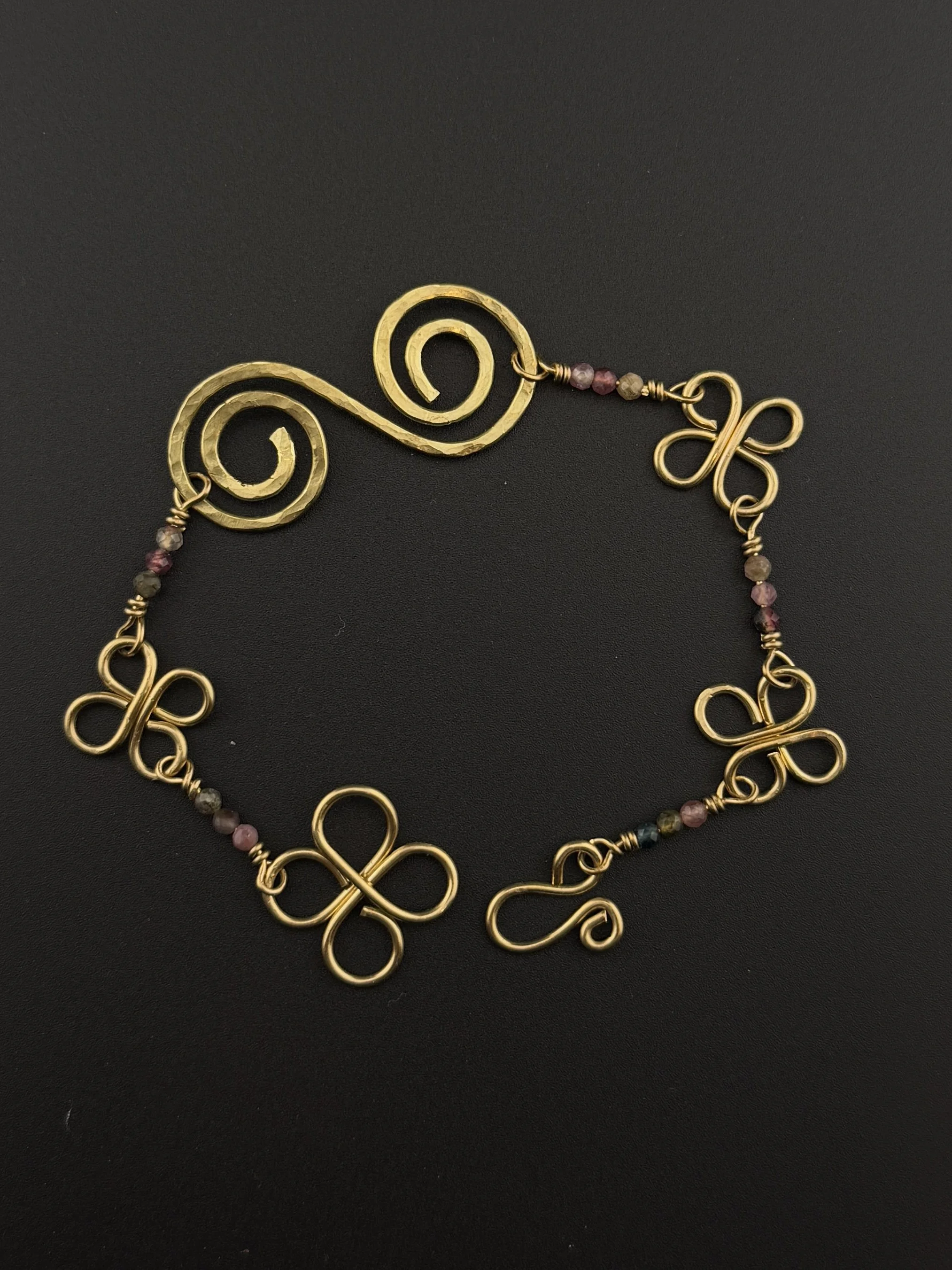 Swirly Brass and Tourmaline Bracelet
