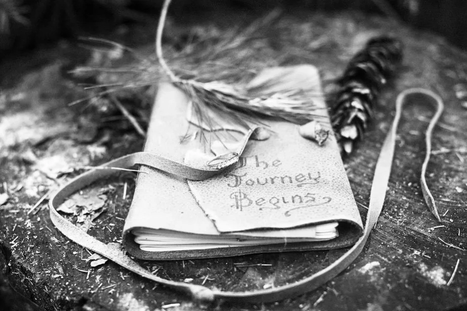 A notebook with the phrase 'The Journey Begins' written on the cover, surrounded by a ribbon, a feather, and a pine cone on a wooden surface.