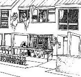 A sketch of a house exterior showing windows, a porch, and a person hanging clothes on a line.