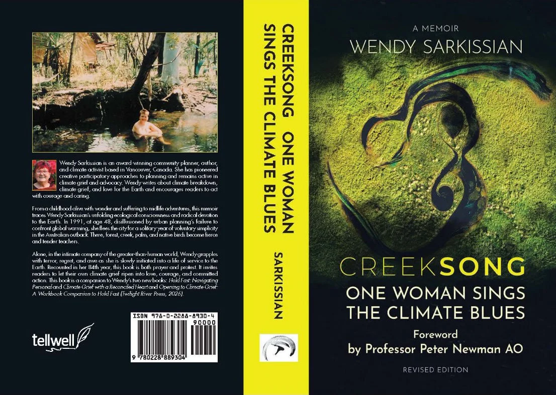 Book cover of "Creak Song: One Woman Sings the Climate Blues" by Wendy Sarkissian, featuring a green textured background with a stylized black dragonfly and a photograph of a woman bathing in a natural creek.