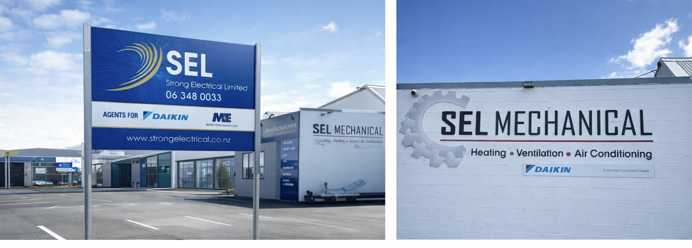 Signage for SEL, a mechanical and electrical services company, with branding for Daikin and mechanical services including heating, ventilation, and air conditioning, exterior view of business premises with clear blue sky.