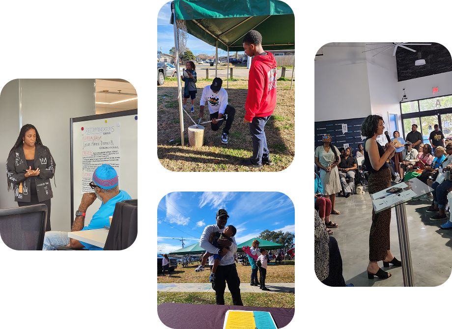 A collage of five photos showing various scenes from a community event, including people listening to speakers, children playing outdoors, and attendees gathered indoors.