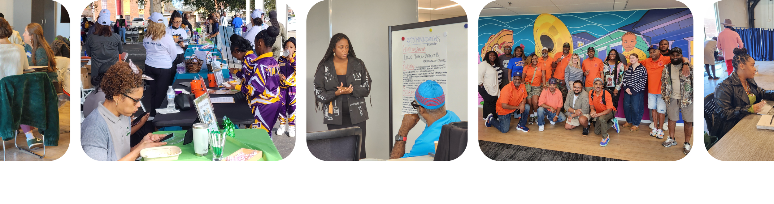 A collage of five images showing various people at different community or event settings. The first image shows women seated at a table in conversation. The second shows people at an outdoor event with tables and displays, some wearing purple and yellow uniforms. The third features a woman presenting in front of a whiteboard to an audience member. The fourth depicts a large group of diverse people posing in front of a colorful mural. The fifth shows a woman working at a desk in a room with other people in the background.