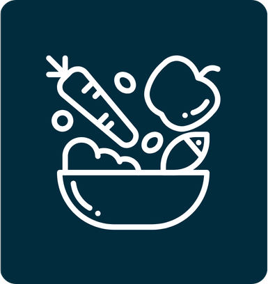 Line drawing of a bowl of salad with a carrot, an apple, and a lemon slice.