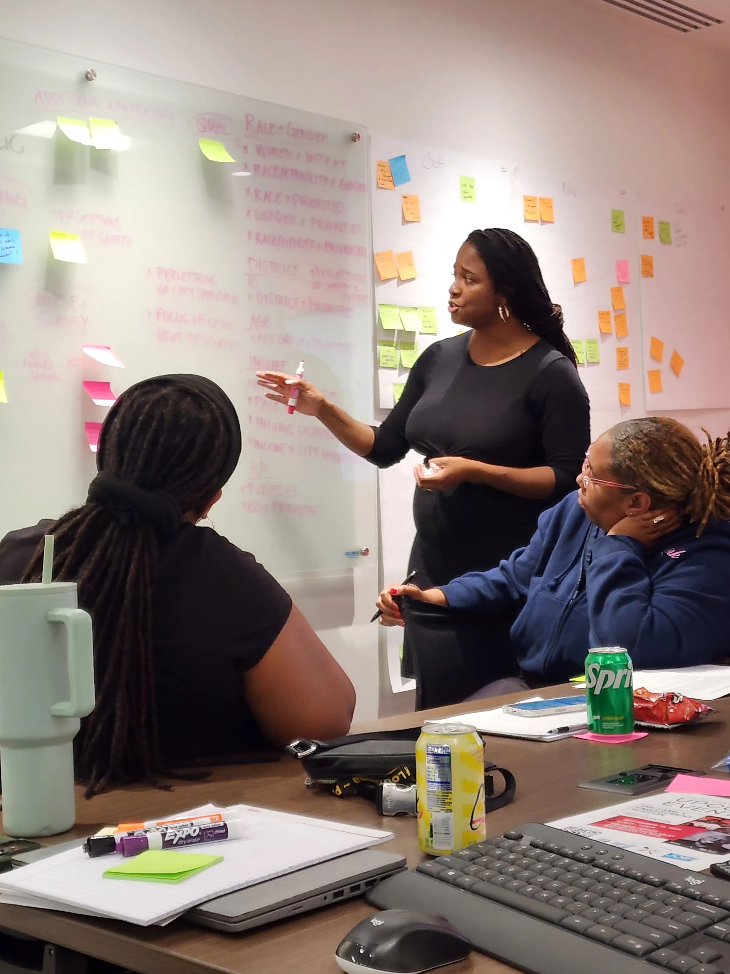 A woman with long braided hair sitting at a desk listening to a woman standing and speaking in a meeting room with whiteboard covered in sticky notes and writing, and other women seated around the table with notebooks, pens, and drinks.