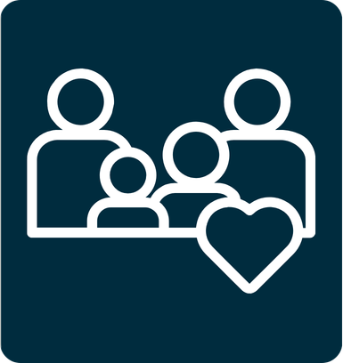 Icon of three people with a heart symbol, representing support or care.