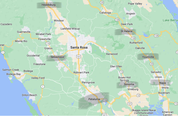 Map of sonoma county highlighting top wine destinations including Petaluma