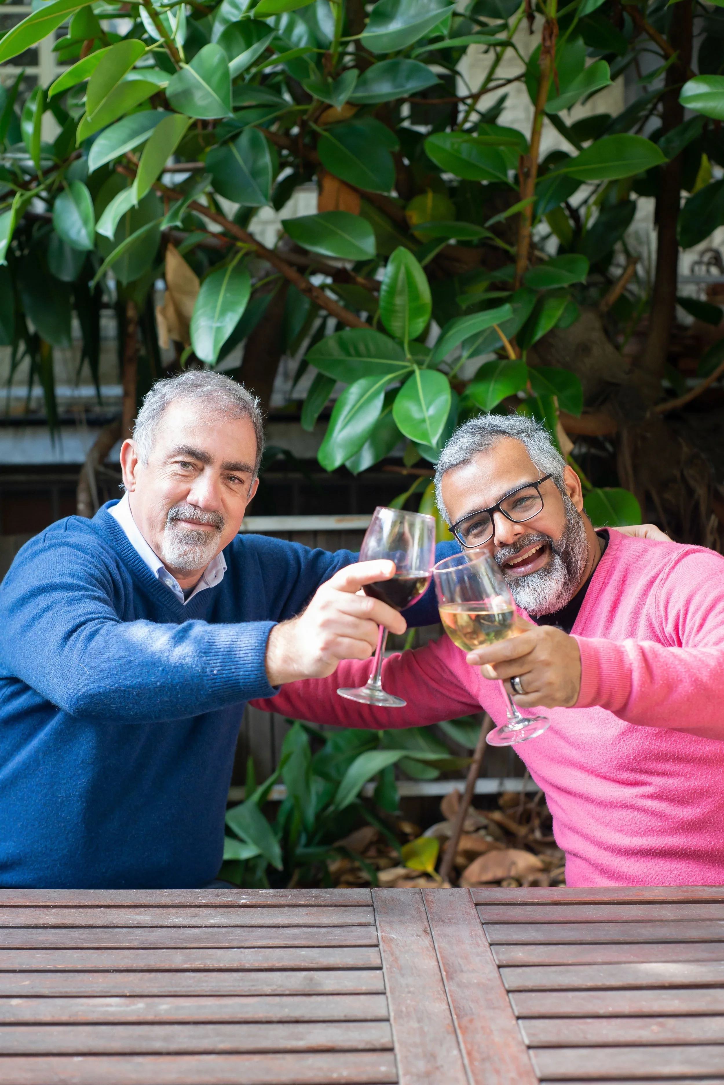 Two middle-aged men in colorful sweaters clinking wine glasses outdoors, smiling, with lush green leaves in the background.