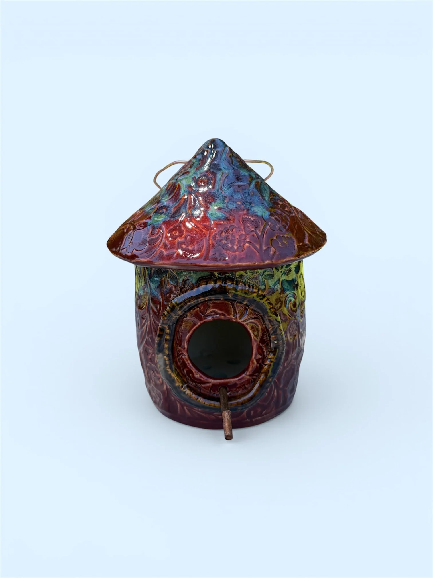 Pottery Bird House - Firebrick Red w/Blue Green Accents  ($65)   RESERVED